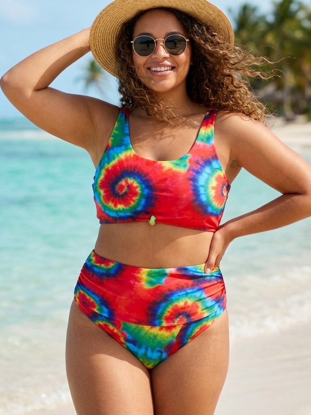 Rainbow Tie-Dye High-Waist Bikini Set Summer Vacation Fun Beach Pool Party